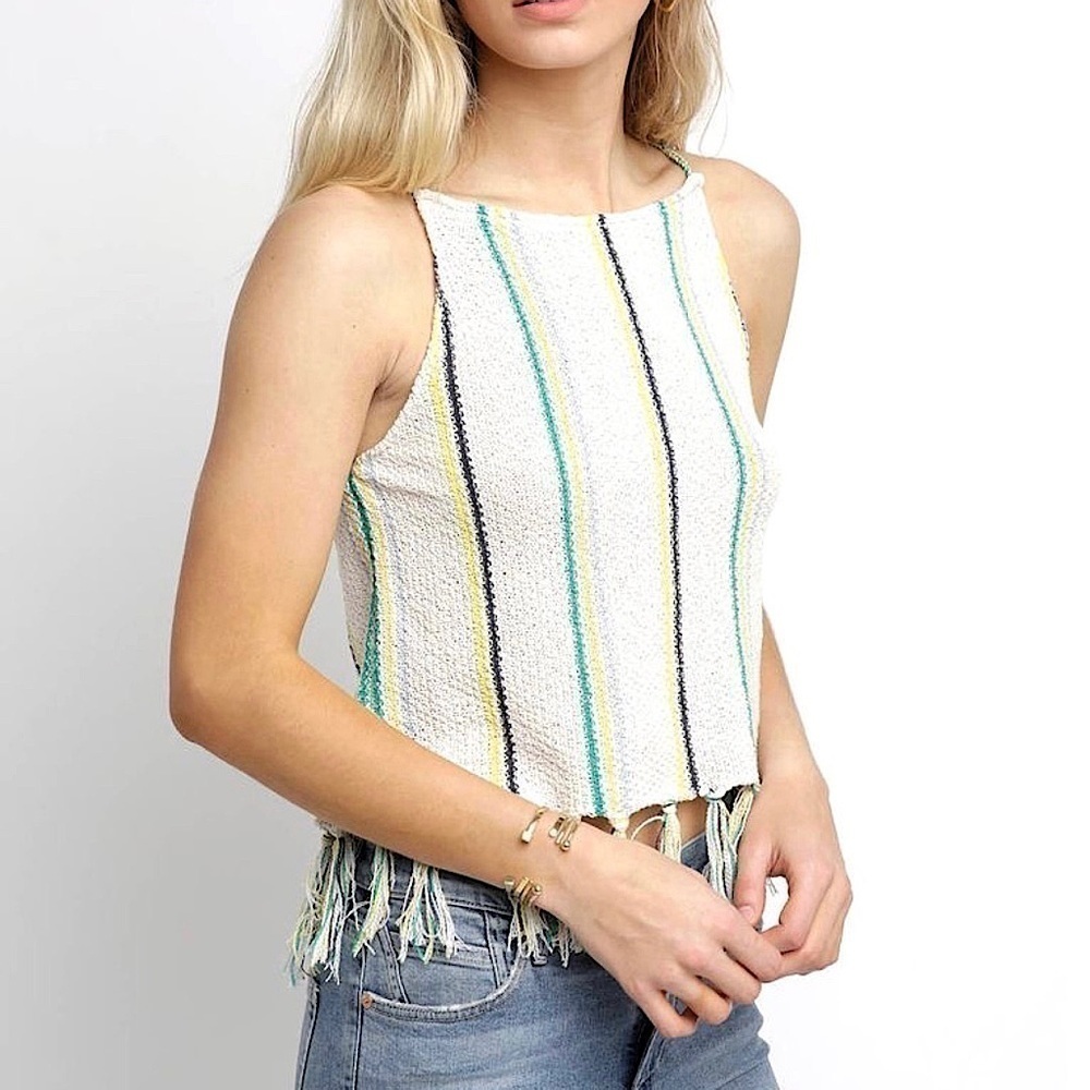 Cupcakes & Cashmere Cecille Striped Crochet Fringe Top